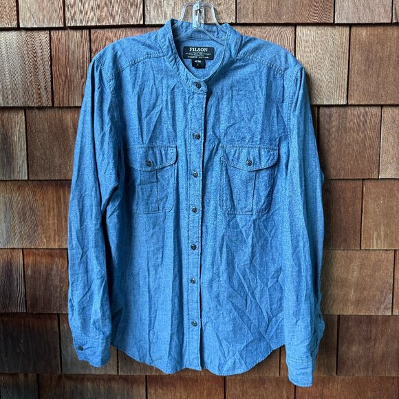 Filson Blue Chambray Button Front Long Sleeve Kadin Shirt in Women's Large - Picture 1 of 7